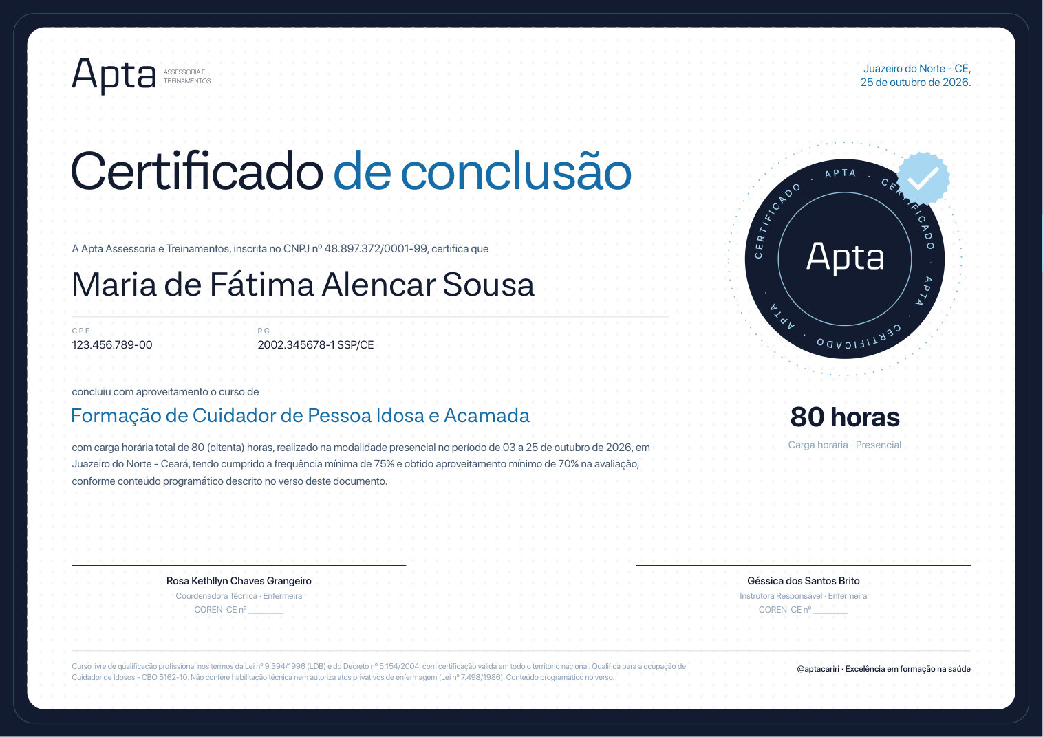 Modelo do certificado de conclusão da Apta — Formação de Cuidador de Pessoa Idosa e Acamada, 80 horas